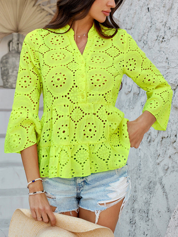 chemise unie à col en V creux et manches trois-quarts 