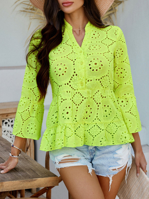 chemise unie à col en V creux et manches trois-quarts 