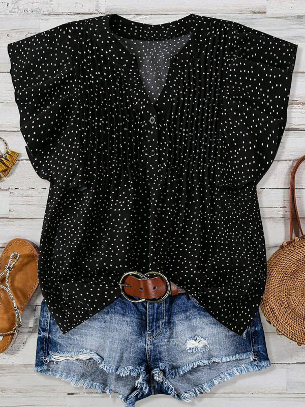 Princess sleeve V-neck polka dot loose button pleated top – closeup view