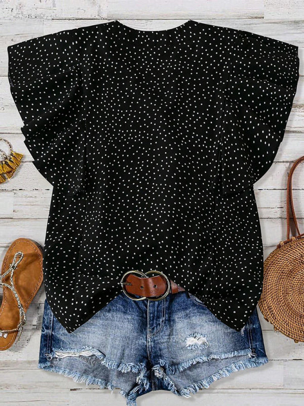 Princess sleeve V-neck polka dot loose button pleated top – detail view