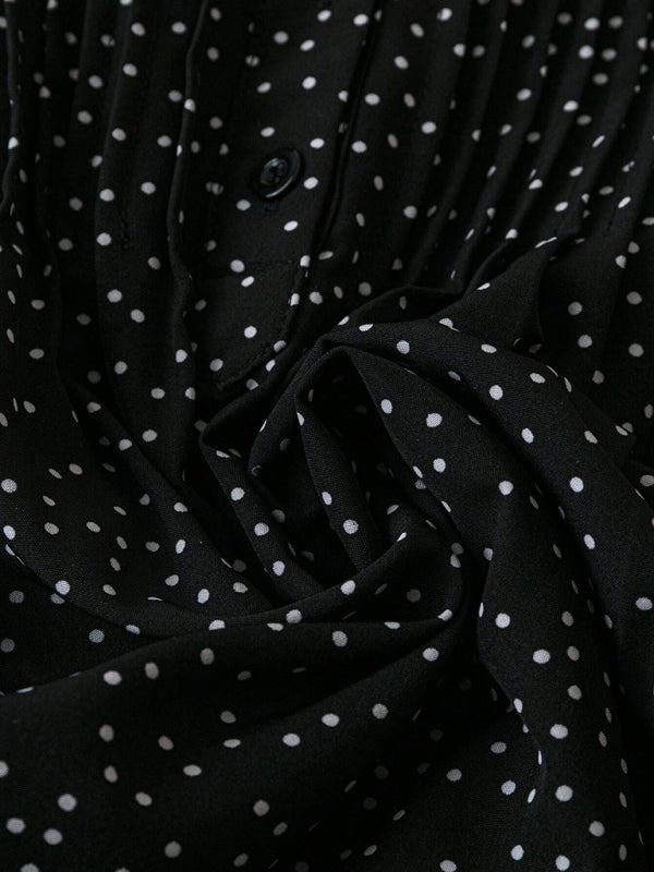Princess sleeve V-neck polka dot loose button pleated top – lifestyle view