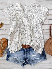 Princess sleeve V-neck polka dot loose button pleated top – front view