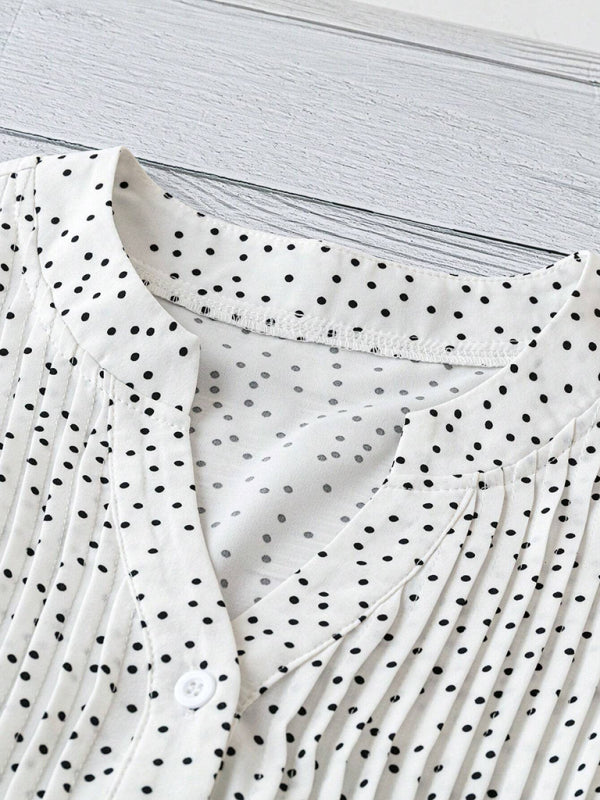 Princess sleeve V-neck polka dot loose button pleated top – side view