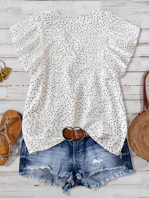 Princess sleeve V-neck polka dot loose button pleated top – detail view