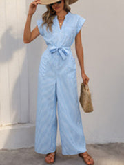 Sleeveless V-neck blue and white vertical striped jumpsuit