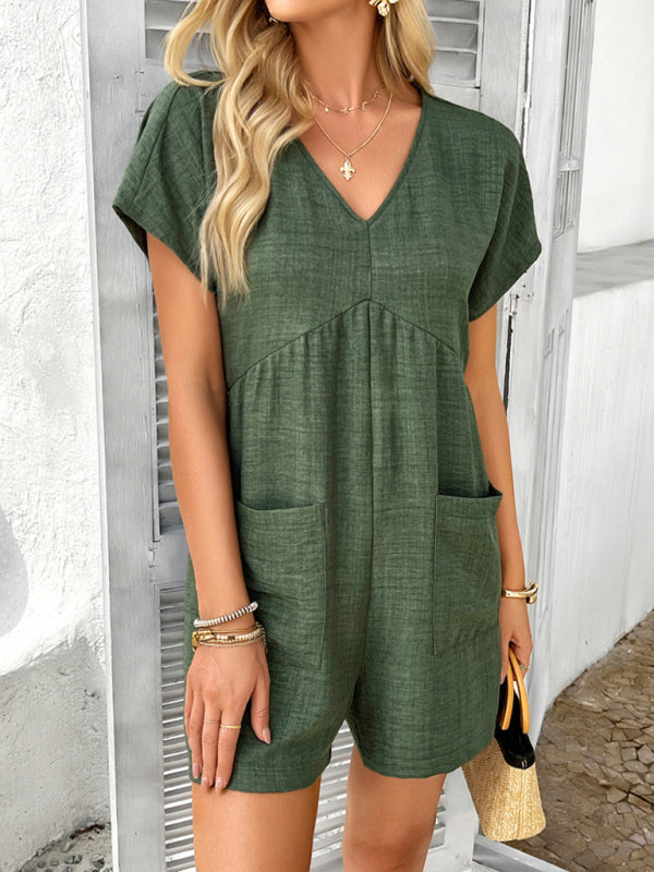 Bohemian casual solid color sexy hollow short-sleeved jumpsuit