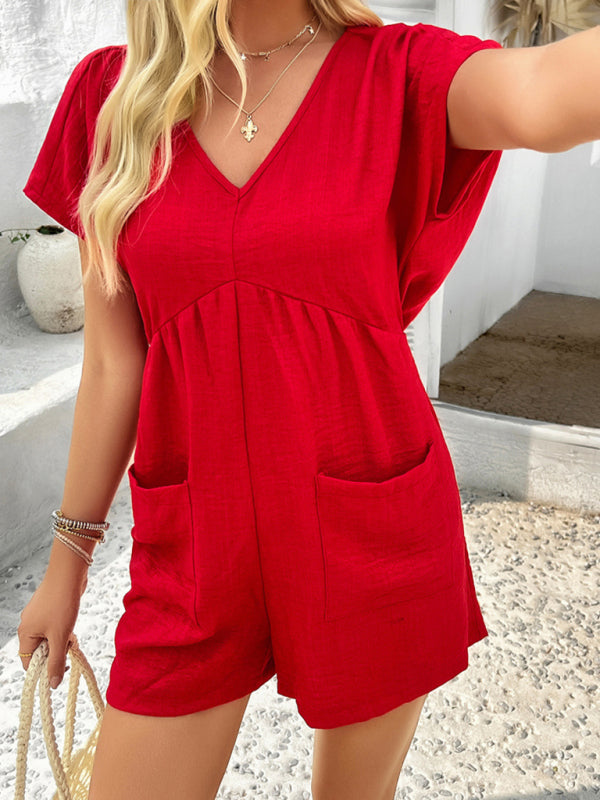 Bohemian casual solid color sexy hollow short-sleeved jumpsuit