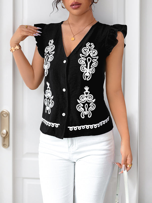 Neue, bedruckte Strickjacke im Ethno-Stil mit V-Ausschnitt und schmal geschnittenen Ärmeln, Weste mit kurzen Flügelärmeln 