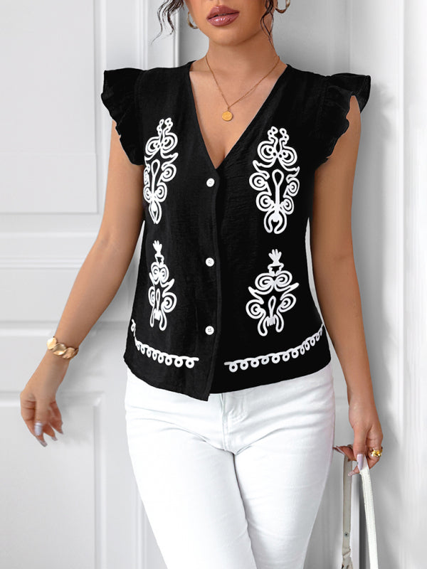 Neue, bedruckte Strickjacke im Ethno-Stil mit V-Ausschnitt und schmal geschnittenen Ärmeln, Weste mit kurzen Flügelärmeln 
