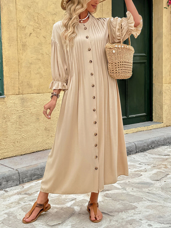 Neues elegantes Retro-Kleid mit Knöpfen in Unifarbe für Pendler in den Ferien 