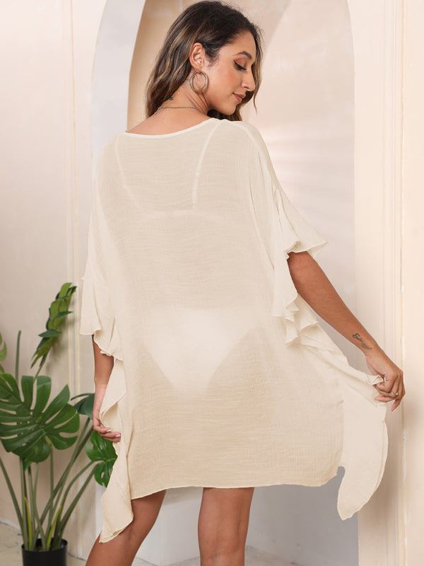 Women's Ruffle Solid Color Simple Loose Beach Bikini Cover Up – side view