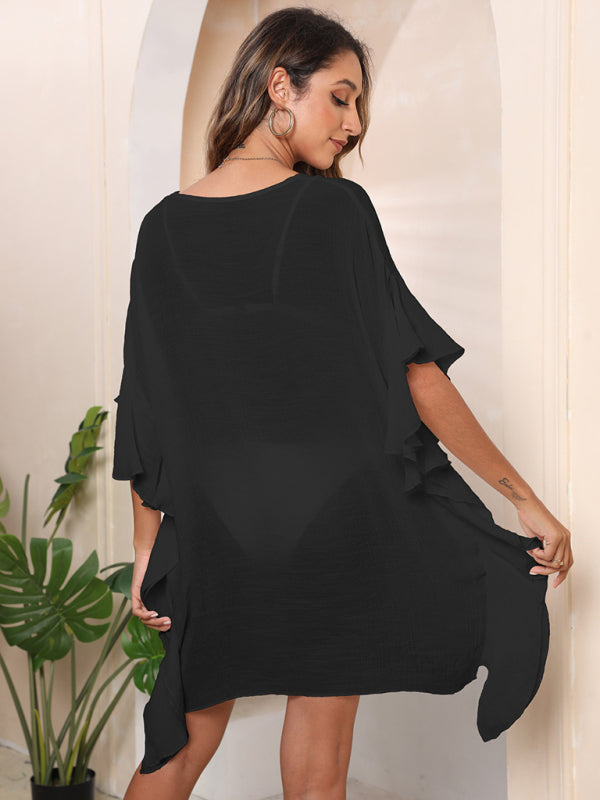 Women's Ruffle Solid Color Simple Loose Beach Bikini Cover Up