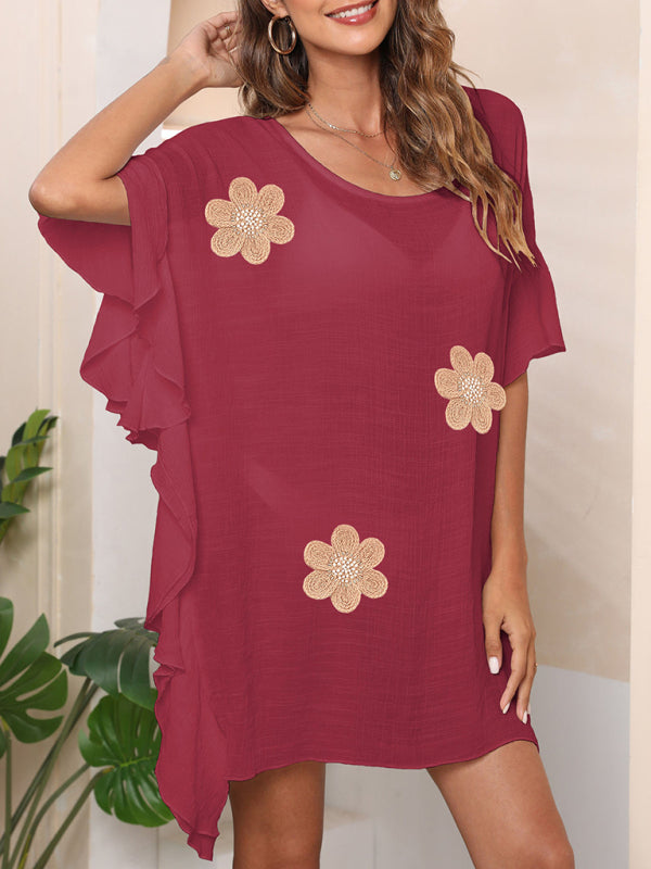 Women's Ruffle Solid Color Simple Loose Beach Bikini Cover Up
