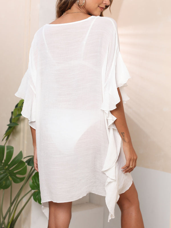 Women's Ruffle Solid Color Simple Loose Beach Bikini Cover Up – lifestyle view