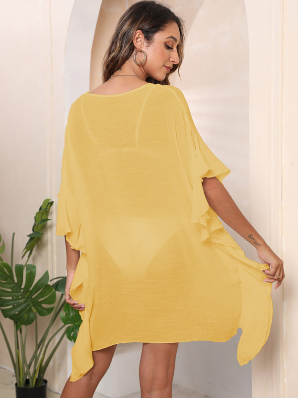 Women's Ruffle Solid Color Simple Loose Beach Bikini Cover Up