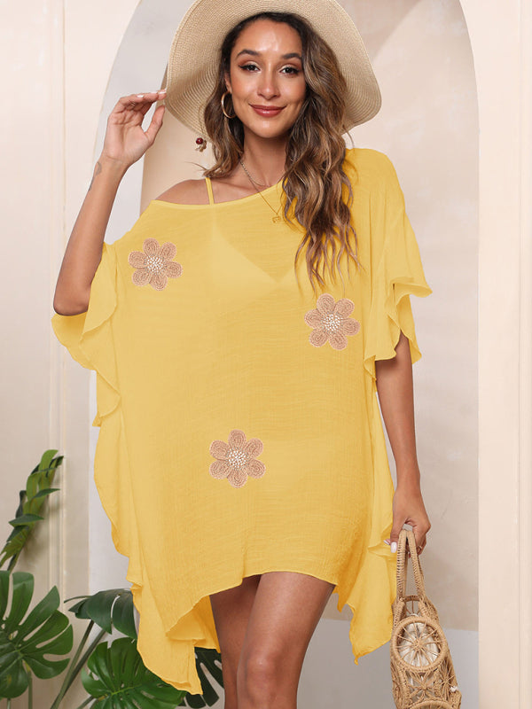 Women's Ruffle Solid Color Simple Loose Beach Bikini Cover Up