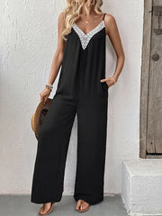 Sleeveless casual lace stitching suspenders wide-leg jumpsuit