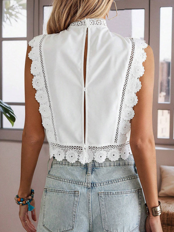 chemise en mousseline ajourée à col rond et col rond brodé de dentelle et de motifs végétaux 