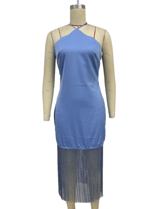 Einfarbiges, schulterfreies, figurbetontes Kleid mit Quasten 