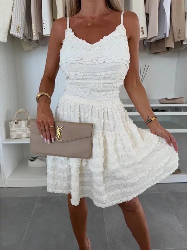 Solid color ruffle sexy suspender lace dress