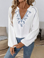 Ethnic style casual V-neck embroidered cotton top