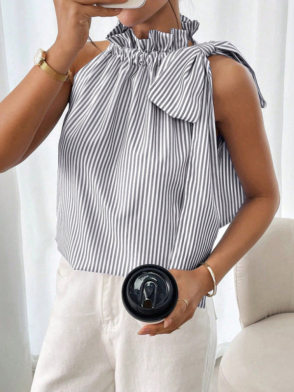 Fashionable and casual sleeveless striped high-neck tie-knot shirt