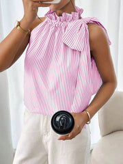 Fashionable and casual sleeveless striped high-neck tie-knot shirt