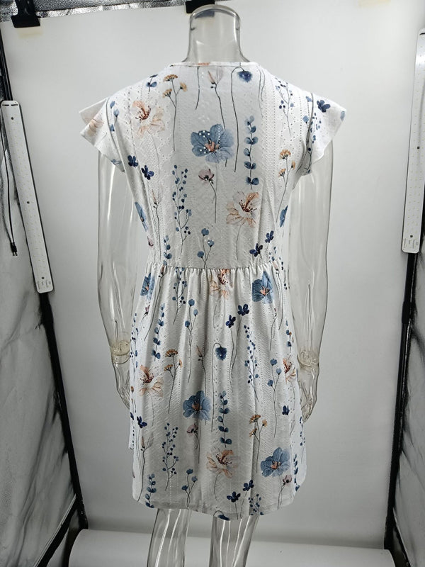 Robe courte décontractée en dentelle stretch imprimée à col en V 