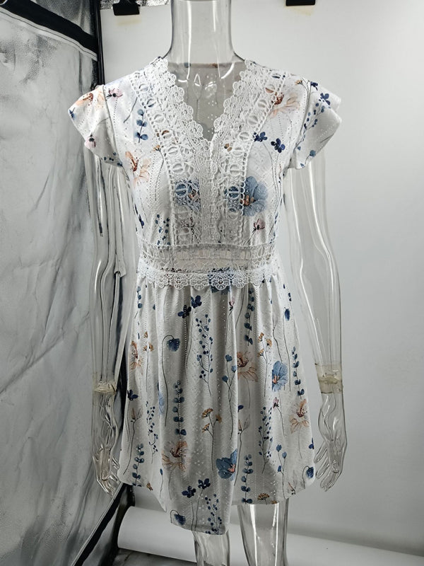 Robe courte décontractée en dentelle stretch imprimée à col en V 