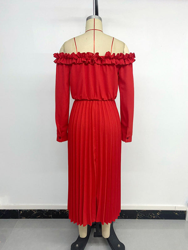 Robe élégante et romantique pour femme, style asymétrique, manches longues, couleur unie, idéale pour un rendez-vous galant. 