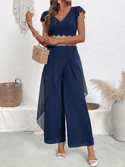 Casual simple and elegant lace splicing V-neck jumpsuit