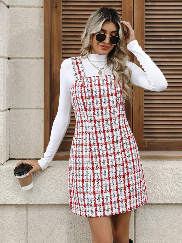 New Plaid Woolen Suspender Short Dress – detail view