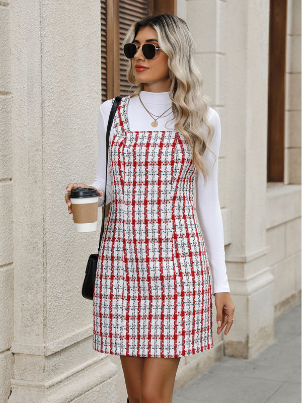New Plaid Woolen Suspender Short Dress – side view