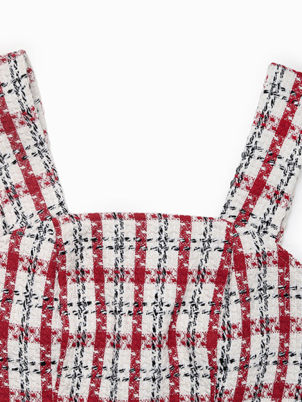 New Plaid Woolen Suspender Short Dress – back view