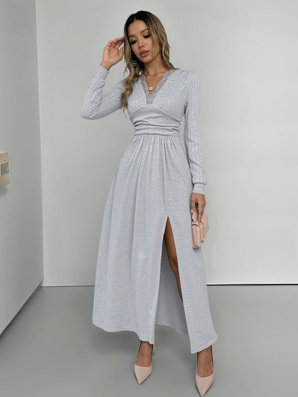 New V-neck long sleeve solid color brushed slit long dress – back view