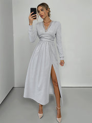 New V-neck long sleeve solid color brushed slit long dress – front view