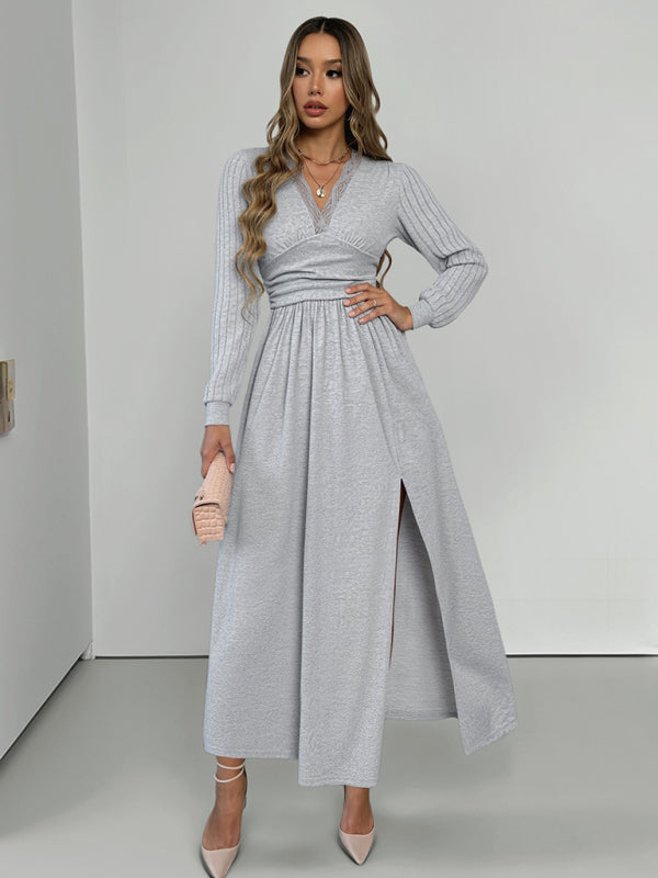 New V-neck long sleeve solid color brushed slit long dress – detail view