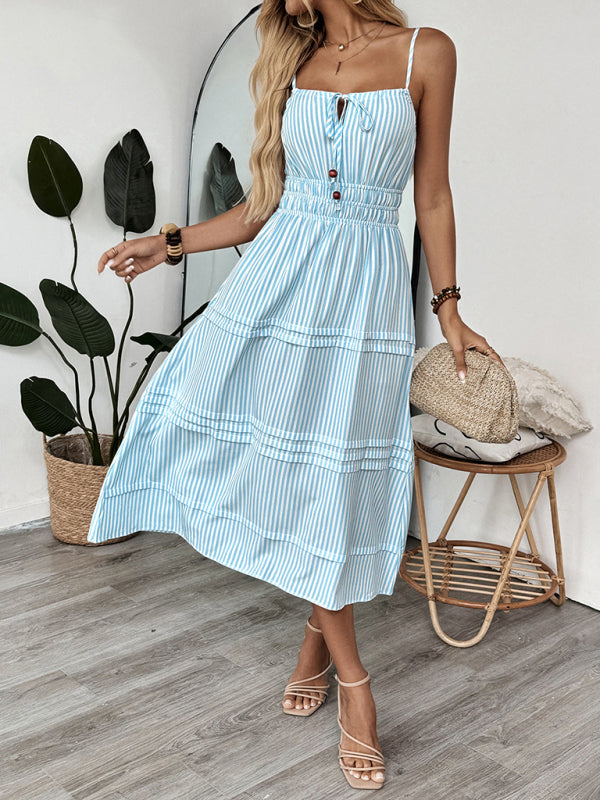 Holiday style striped suspender dress square neck tie sleeveless long dress – front view