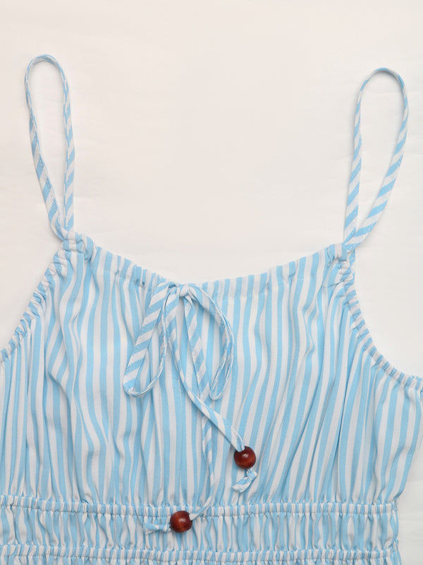 Holiday style striped suspender dress square neck tie sleeveless long dress – side view