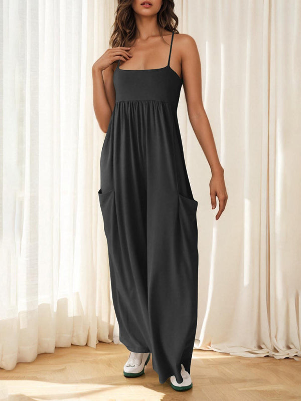 Lässiger, ärmelloser Jumpsuit mit Trägern, eckigem Ausschnitt und weitem Bein für Damen 