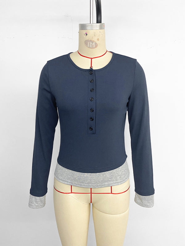 Casual round neck slim fit colorblock fake two-piece long-sleeved top – side view