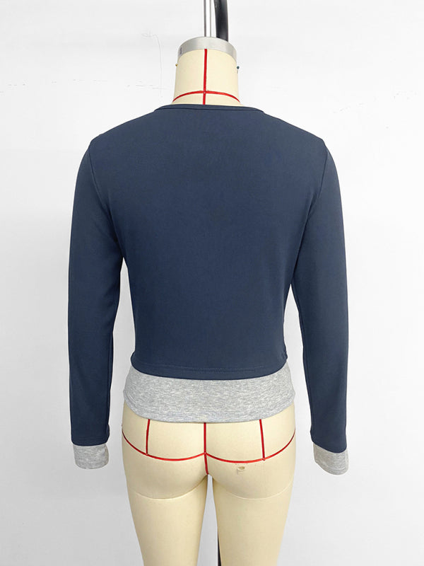 Casual round neck slim fit colorblock fake two-piece long-sleeved top – back view