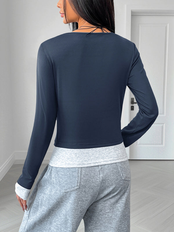 Casual round neck slim fit colorblock fake two-piece long-sleeved top – detail view