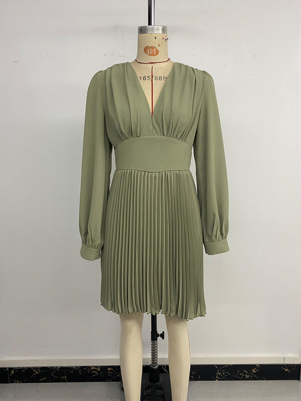 Retro-Stil, V-Ausschnitt, langärmeliges, einfarbiges Faltenkleid 