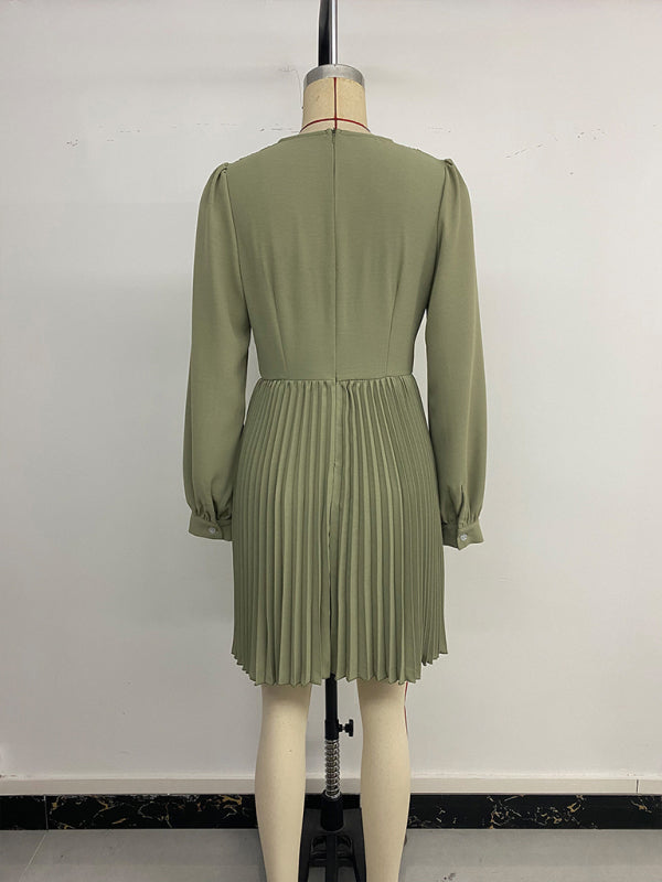 Retro-Stil, V-Ausschnitt, langärmeliges, einfarbiges Faltenkleid 