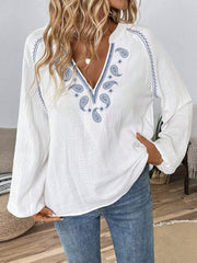 Ethnic style fashionable casual V-neck embroidered cotton top – front view