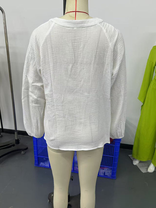 Ethnic style fashionable casual V-neck embroidered cotton top – back view