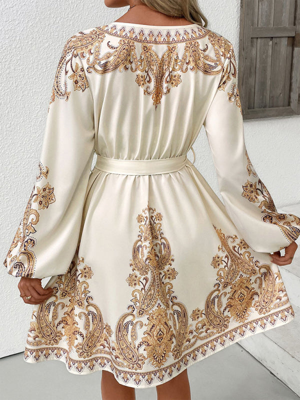 Elegant ethnic retro style V-neck paisley print dress