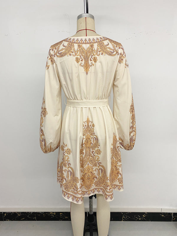Elegant ethnic retro style V-neck paisley print dress