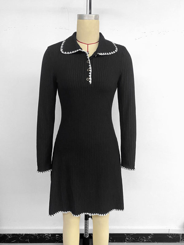 Contrast-edged knitted slim-waist A-line long-sleeved dress – detail view